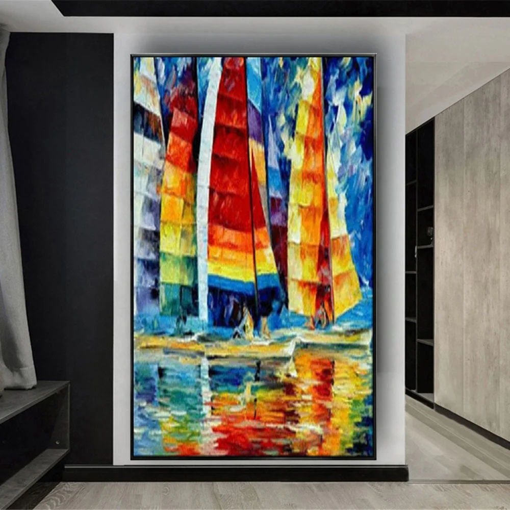 

100% Hand Painted Landscape oil Painting Abstract color sailing boat Wall Art Canvas wall Painting For Home Wall Decor Painting