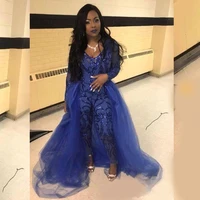 royal blue jumpsuit prom dresses with overskirts v neck long sleeve sequined evening gowns plus size african pageant pants
