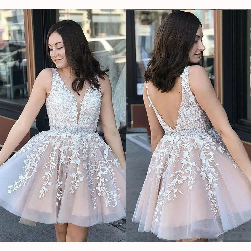 

New Arrivals Sexy V-Neck Homecoming Graduation Dresses Appliques A-line Cocktail Dress Beaded Sash Prom Party Gowns Plus Size