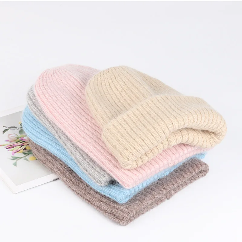 2023 New Women Winter Stripe Hat Fashion Solid Color Real Rabbit Fur Beanies Knit Bonnet Acrylic Autumn Warm Skullies Cap images - 6