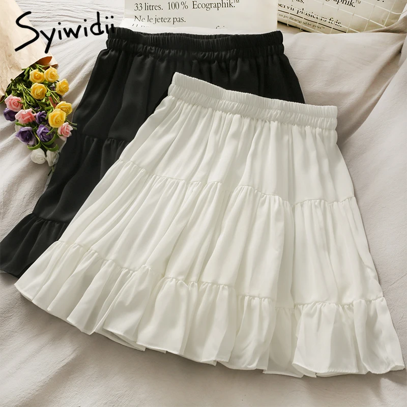 Syiwidii Skirt for Women High Waist Casual A-Line Solid White Black Pleated 2021 Spring Summer Korean Fashion New Mini Skirts | Женская