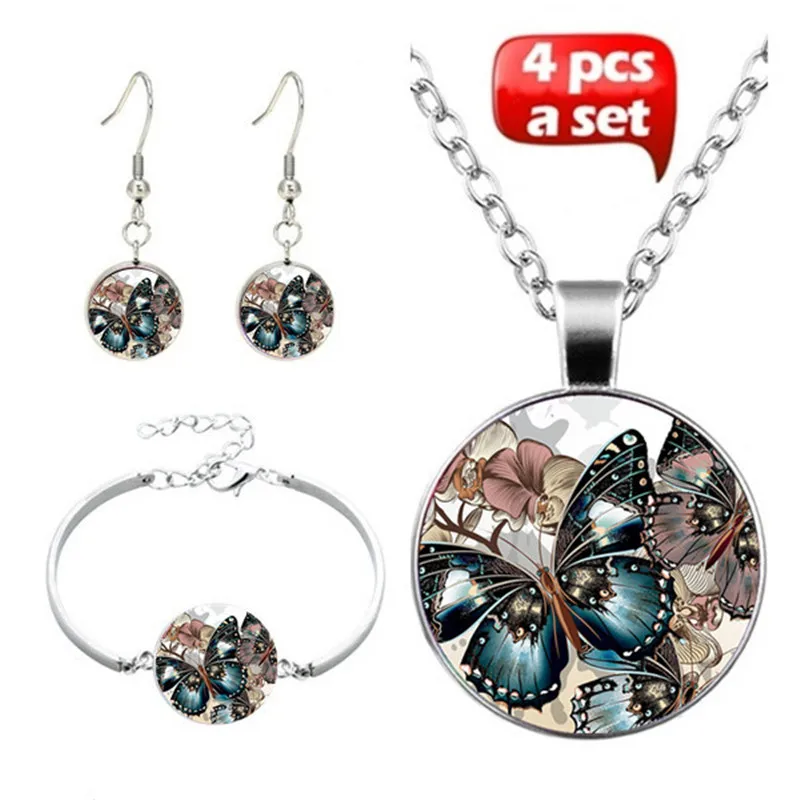 

Butterfly Cabochon Glass Pendant Necklace Bracelet Bangle Earrings Jewelry Set Totally 4Pcs for Women Creative Sweater Chain