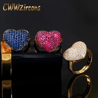 cwwzircons resizable gold color blue cubic zirconia crystal love heart shape promise rings for wedding women party jewelry r185