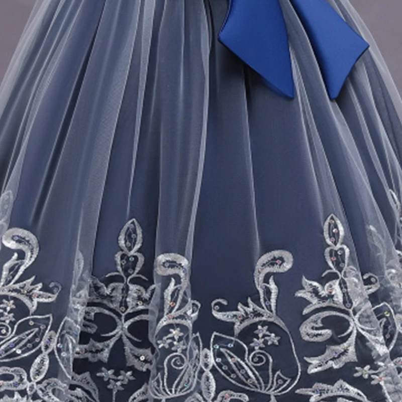 

Flower Girls Dresses Illusion O-Neck Sleeveless Embroidery Sequined Tulle Lace Luxury Royal Blue Kids Party Princess Gown F584