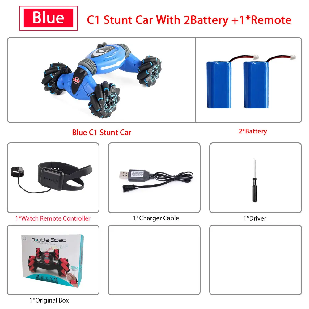 BLUE 1Remote 2B Remote Control Stunt Car Gesture Induction Twisting Off-Road Vehicle Light Music Drift Dancing Side Driving RC Toy Gift for Kids - Color: BLUE 1Remote 2B