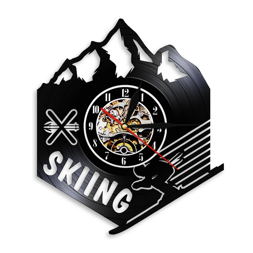Winter Mountain Skiing Vinyl Record Wall Clock Downhill Ski Club Home Decor Timepiece Extreme Freestyle Skier Retro Mute Clock