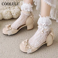 coolulu two piece women shoes ankle strap lolita high heels buckle thick heel pumps lace bow lady cosplay footwear pink size 43