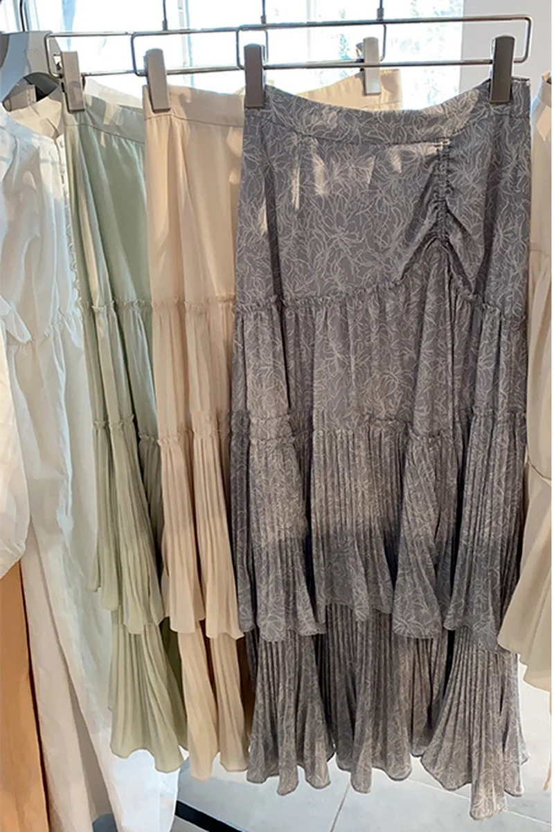 

Japanese Sweet Temperament Office Lady Faldas Empire Solid Ruffles Mid-Calf Skirts 2021 Spring Summer Woman Bottoms