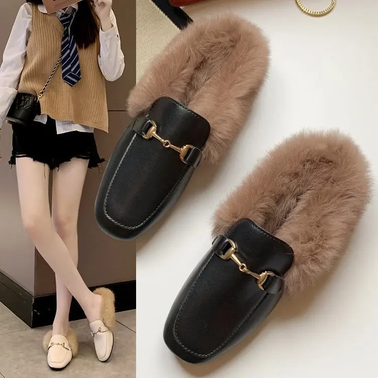 

Warm Fur Slippers Autumn and Winter New Fashion Baotou Muller Shoes Fur Casual Slides Shoes Slip on Furry Flat Half Slippers