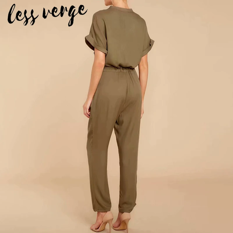 lessverge Green v neck short sleeve women jumpsuit long Casual pockets lace up ladies jumpsuit romper Plus size sexy overalls