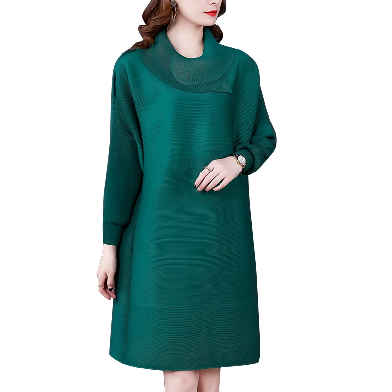 

Loose Ruffled Turn Down Collar Spring 2021 New Plus Size Solid Full Straight Mid-Calf Dress for Women