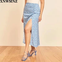 xnwmnz women 2021 blue print women a line split skirts france brand fashion female long skirt button slim skirt