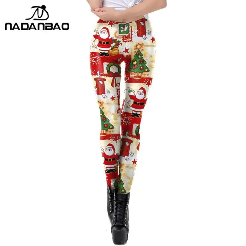 

Новогодние и зимние рождественские Брюки NADANBAO, повседневные эластичные леггинсы для фитнеса с Санта-Клаусом, женские модные Универсальные ...