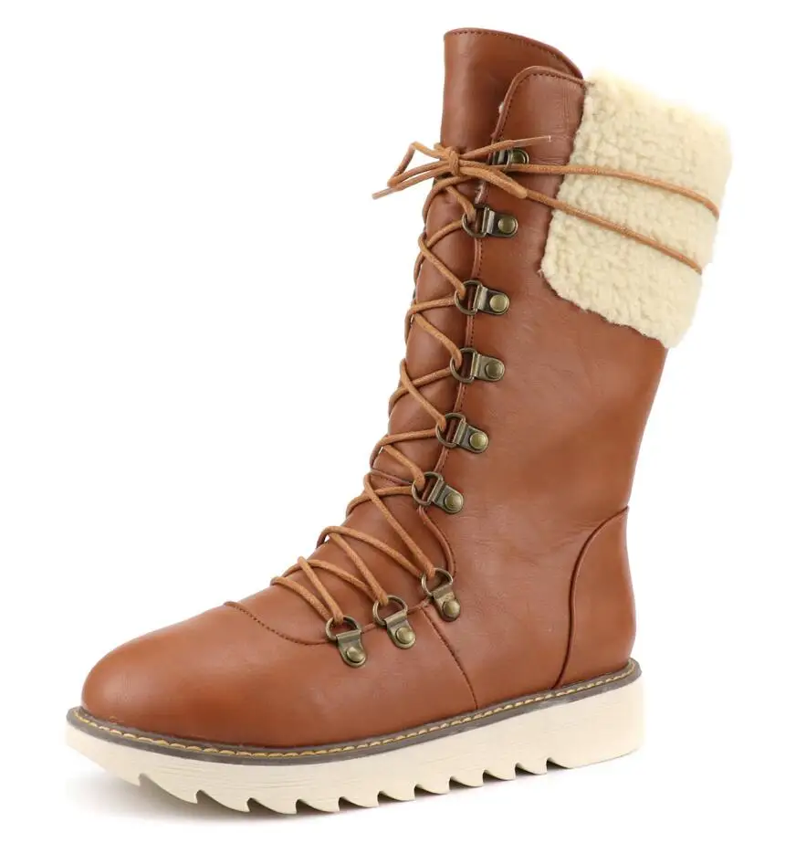 New Warm Winter Boots Women Fashion Lace-Up PU Leather Women Boots Non-slip Comfort Plush Warm Waterproof Snow Boots g678 - Color: Yellow