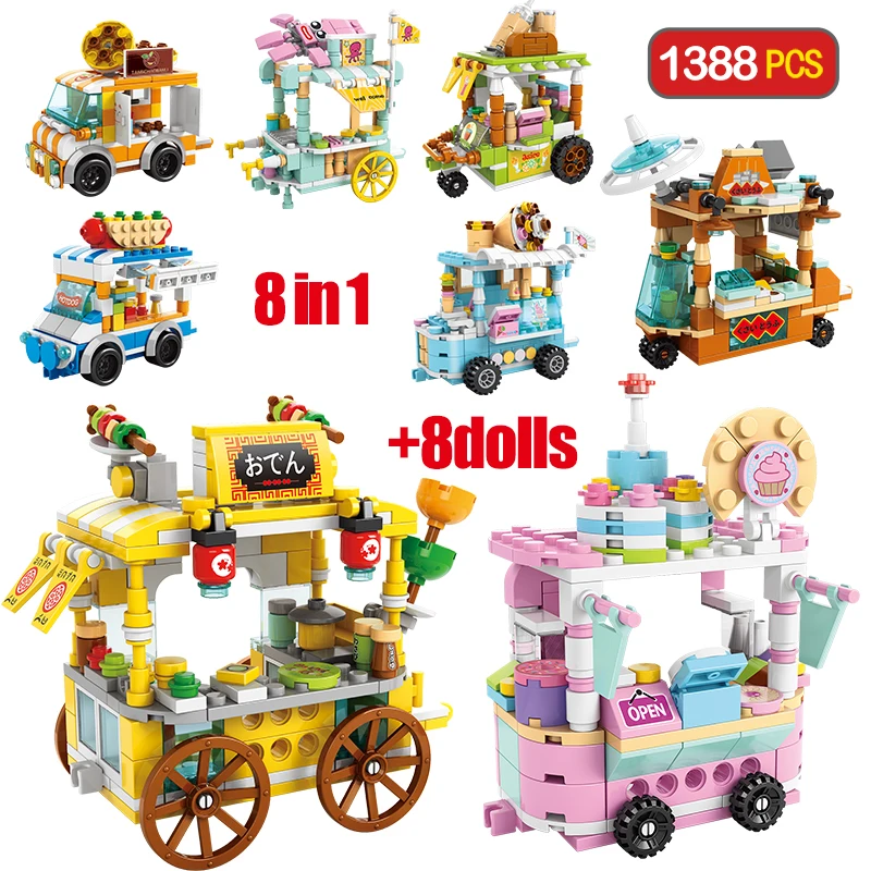 

1388pcs 8 in 1 City Street View Food Series Car Set Building Blocks Friends Figures DIY Bricks Toys for Children Girls