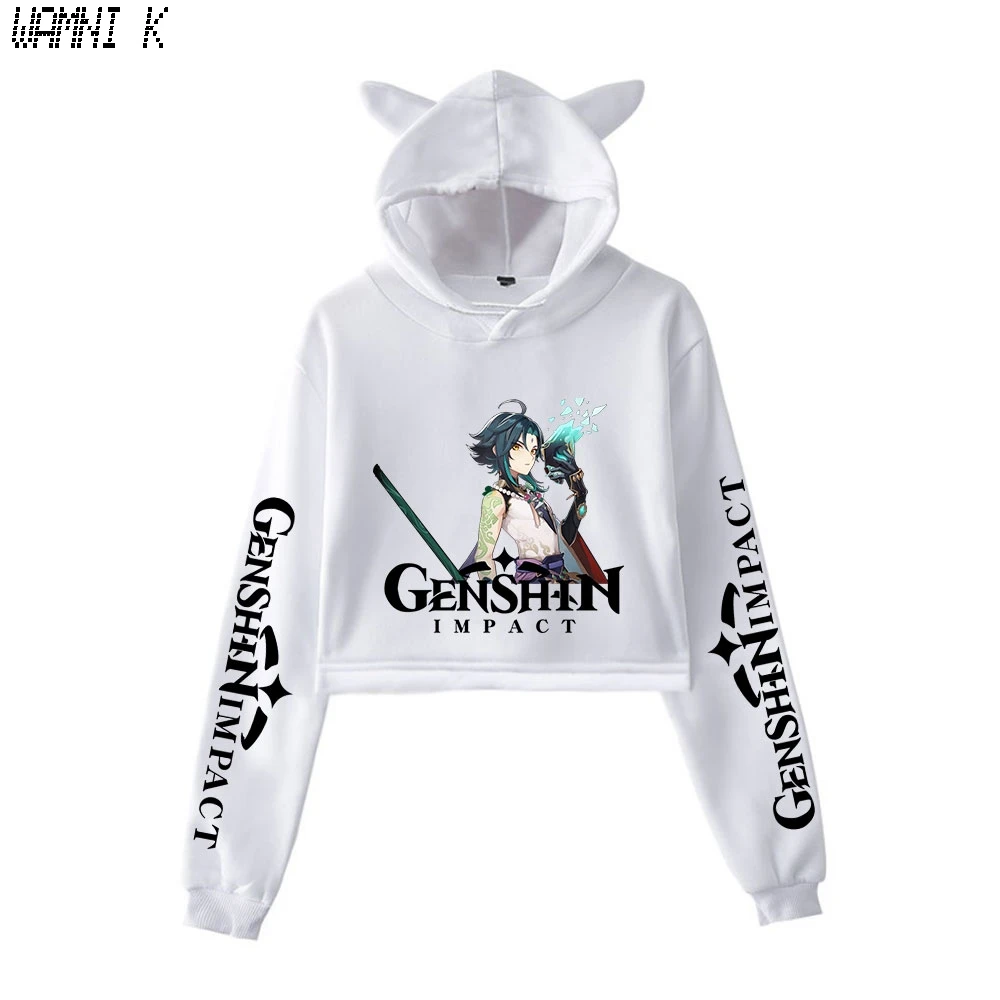 

Fashion Game Genshin Impact Cat Ear Crop Hoodies Teen Girls Print Stars Beautiful Sexy Short Hoodies Sweatshirts Slim Clothing