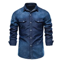 spring hole denim shirts men casual pocket 100 cotton shirt for men high quality long sleeve contrast shirt mens clothing tops