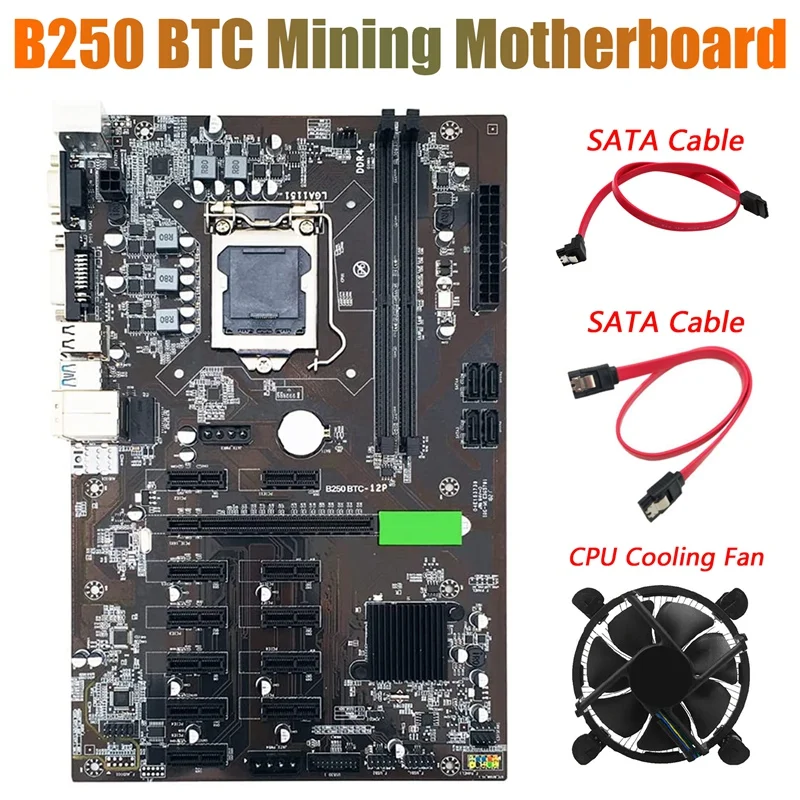 

Материнская плата B250 для майнинга BTC с кулером охлаждения ЦП + 2 кабеля XSATA, 12 слотов для графической карты, LGA 1151, SATA3.0 для майнинга BTC