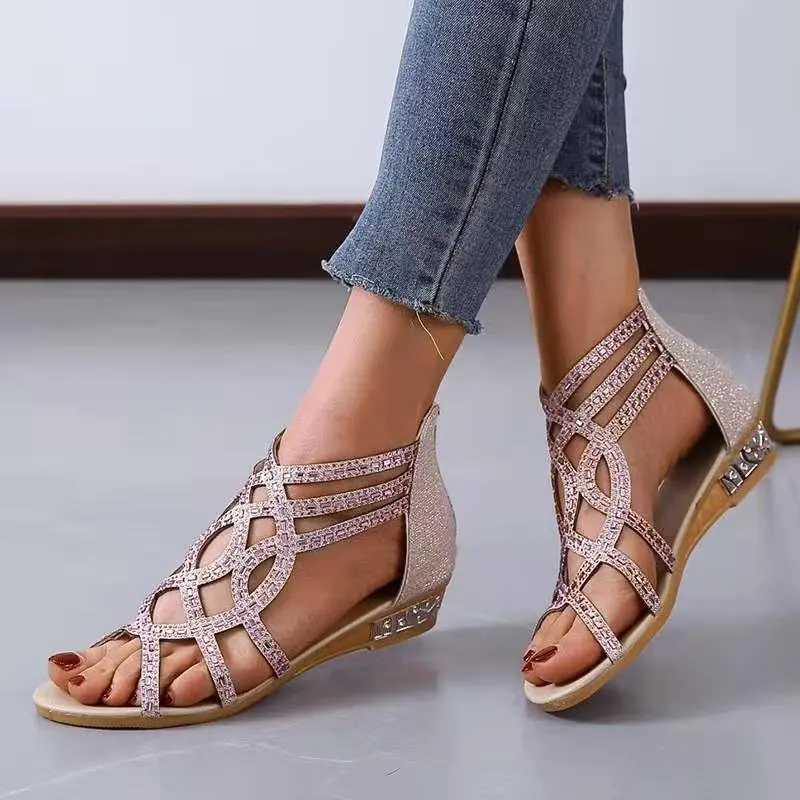 

2021 Crystal Sexy Peep Toe Sandals Women Hollow Out Wedges Women Bling Gladiator Rome Female Flat Shoes Ladies Sandalen Footwear