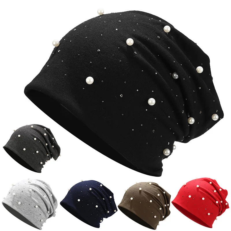 

Retro pearl hot rhinestone cotton beanie hat ladies autumn and winter outdoor rivet pile hat month windproof and warm