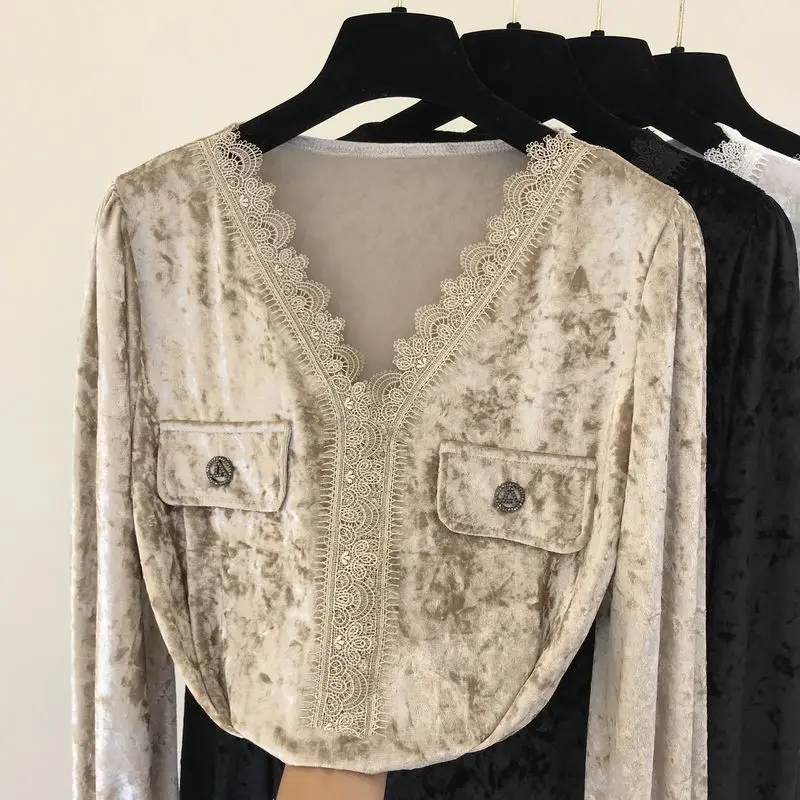 Женская кружевная блузка с V образным вырезом длинная бархатная в Корейском