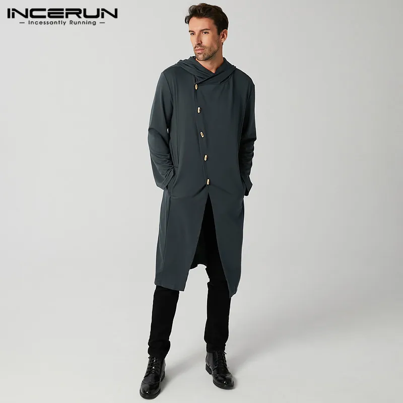 

Men Muslim Shirts Solid Color Hooded Long Sleeve Button Irregular Outerwear Retro Men Islamic Arabic Kaftan Tops INCERUN S-5XL 7
