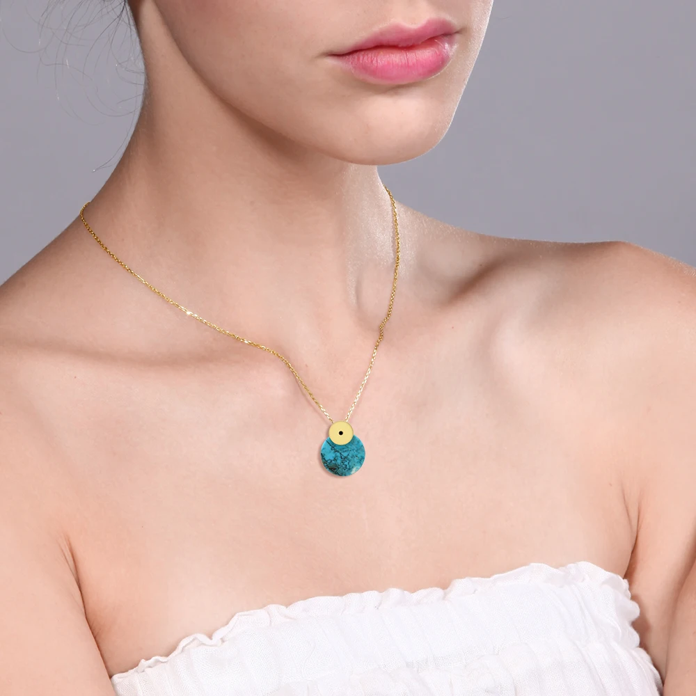 GemStoneKing Round Blue Simulated Turquoise 925 Sterling Silver Pendant Necklace For Women With Black Diamond Accent | Украшения и