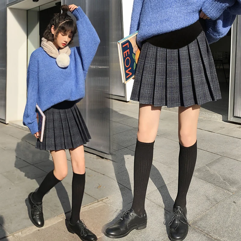 

8858# Autumn Winter Pleated Plaid Woolen Maternity Skirts Elastic Waist belly A Line Skirts Clothes for Pregnant Women Pregnancy