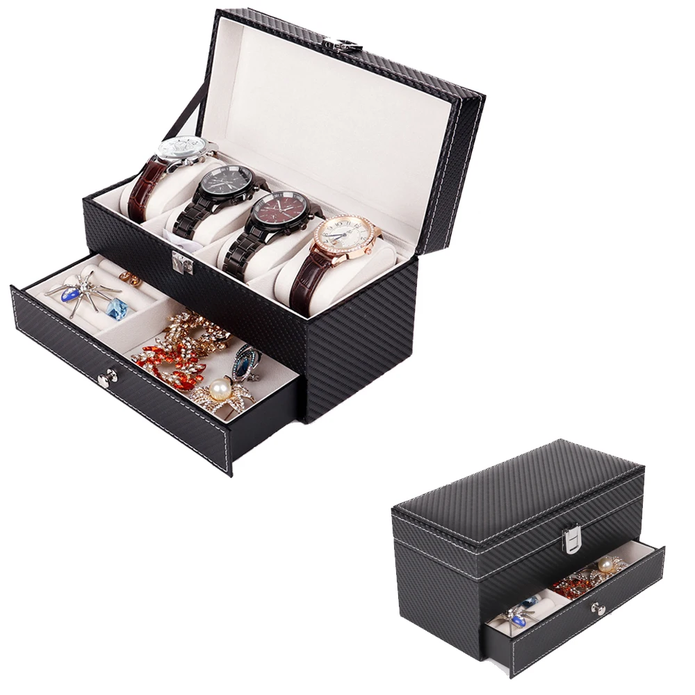 Двухслойный Органайзер из углеродного волокна коробка для хранения часов