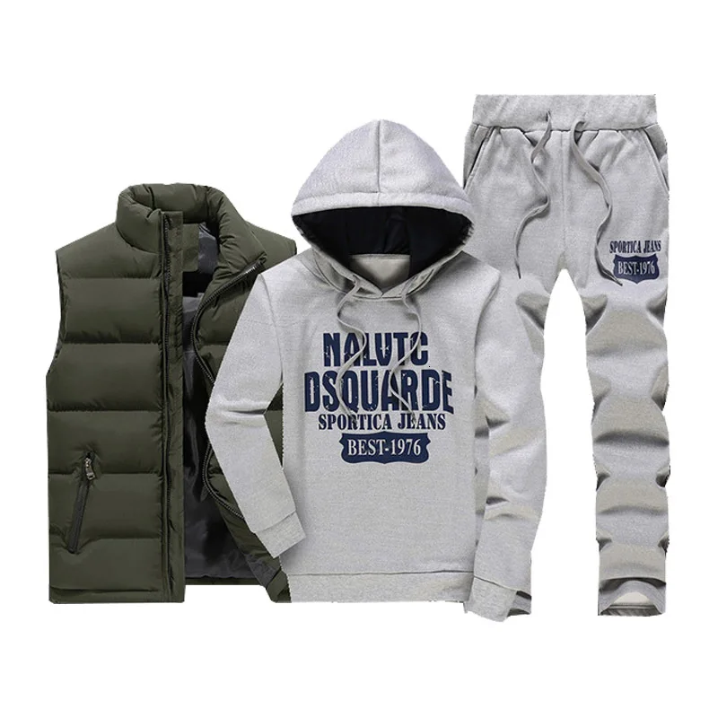 Sporting Track Suit Winter Thicken Warm Tracksuit Men 3 Pieces Fur Hooded Fleece Hoodies+Zipper Vest+Sweatpants Male Coat Jacket | Мужская