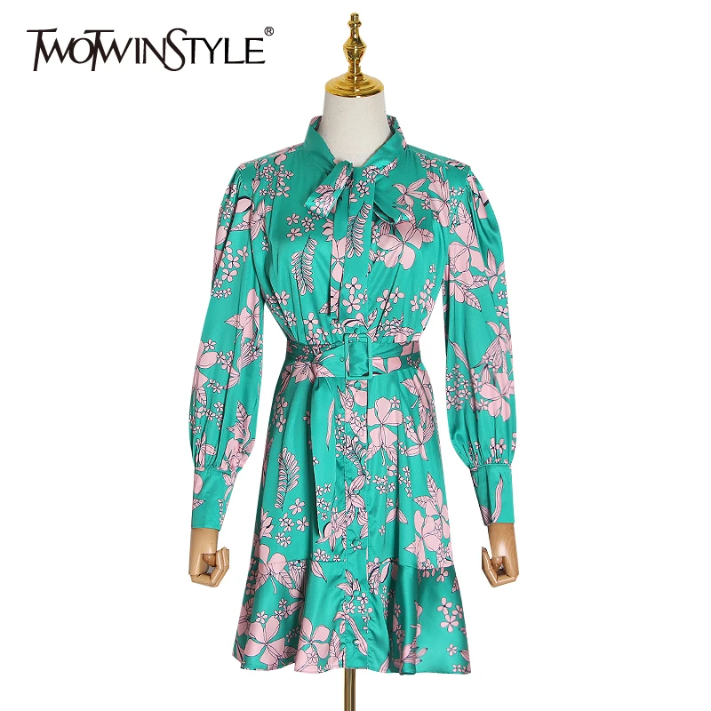 Платье TWOTWINSTYLE с бантом длинным рукавом и высокой талией|Женские платья| |