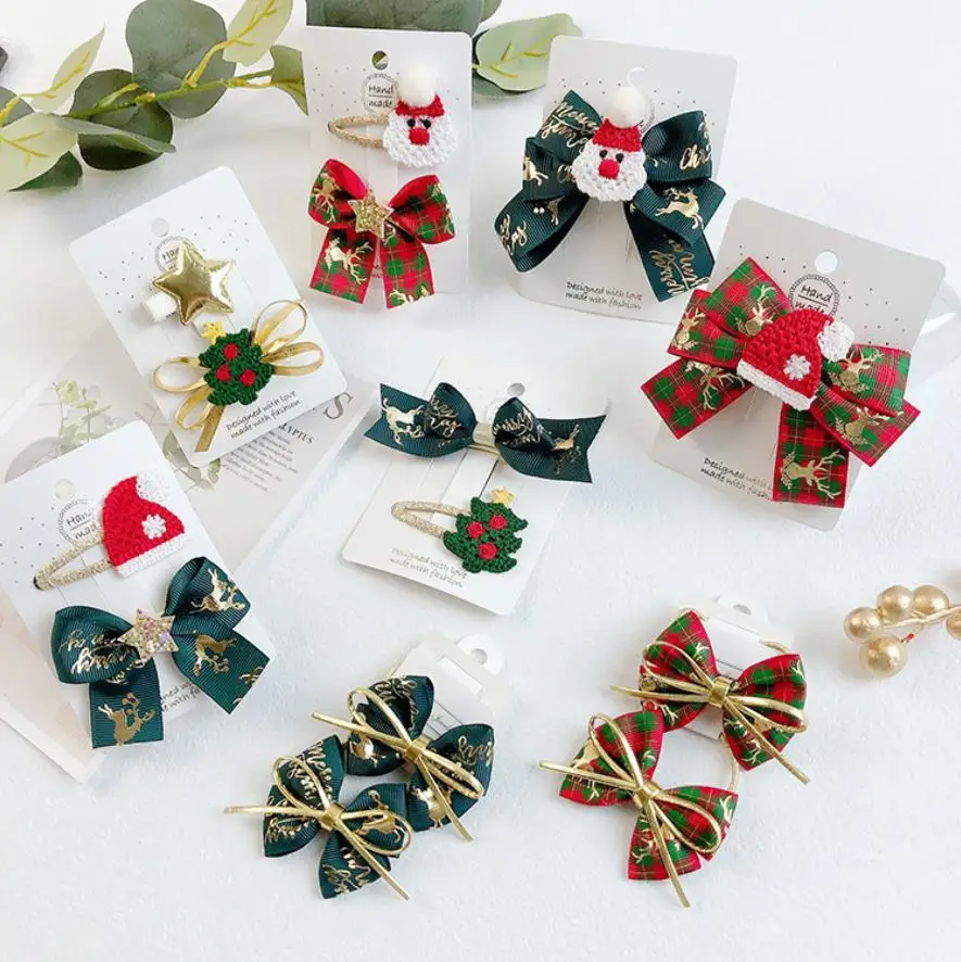 

2021 Christmas Hair Clip Santa Claus Hairpin Baby Child Headdress Hair Ties Bows Elastic Rubber Band Girl Hair Accessories
