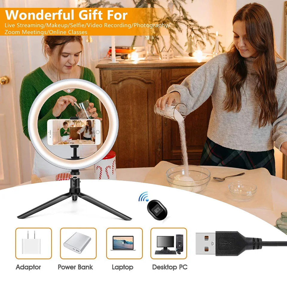 

26CM Led Selfie Ring Light Tripod Photo Ringlight Phone Holder Bluetooth Remote Photography Lighting Makeup Lamp Youtube Video