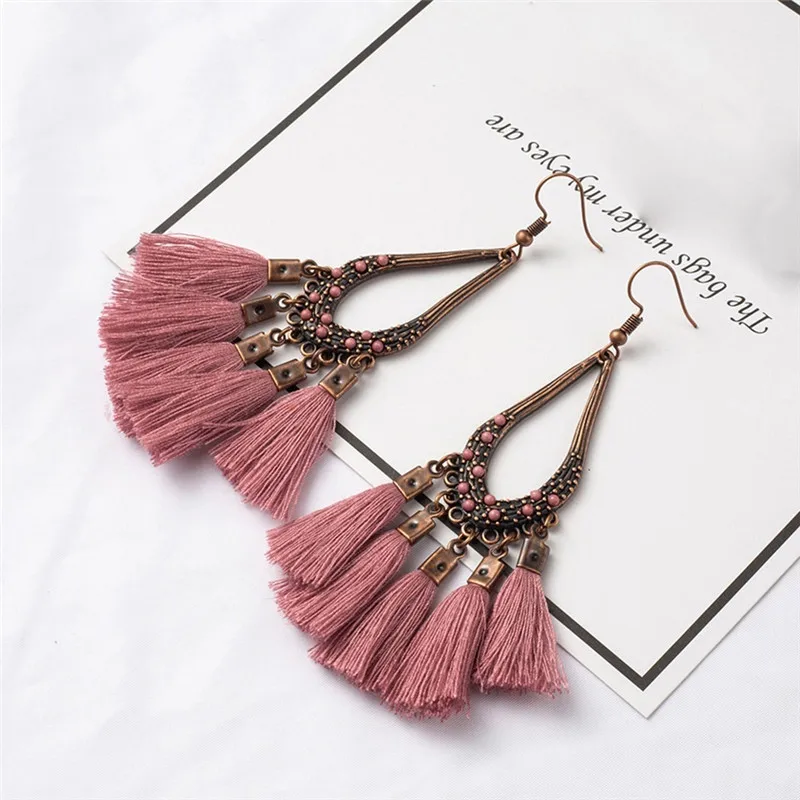 

Bohemian Vintage Water Drop Inlaid Millet Beads Tassel Alloy Earrings