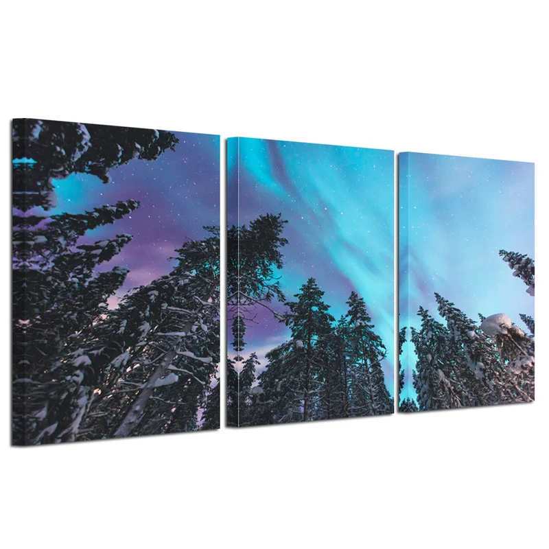 

Scandinavian Night Landscape Canvas Painting Aurora on Forest Nordic Poster Print Wall Art Picture Modern Living Room Decor