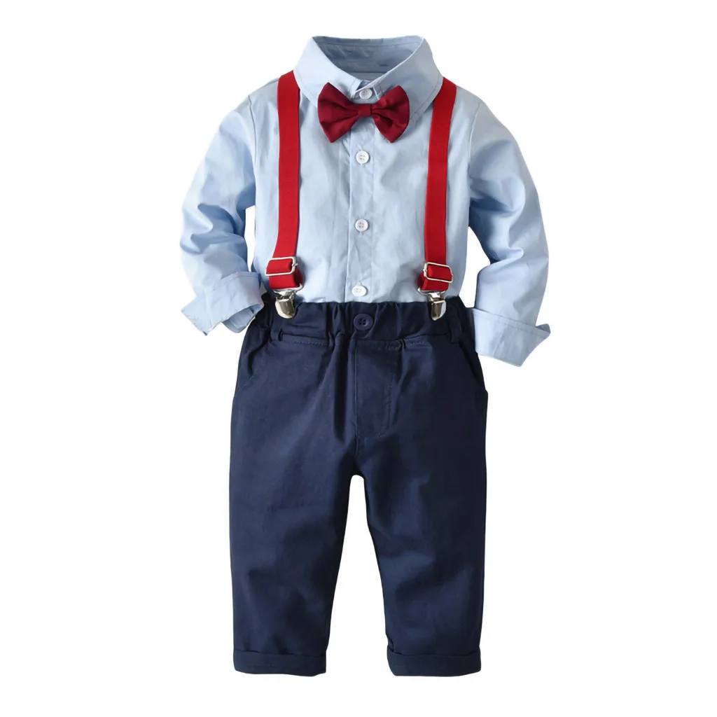 Boys Outfits Gentleman Bow Tie Striped T-Shirt Tops+Suspender Pants Y81 | Детская одежда и обувь