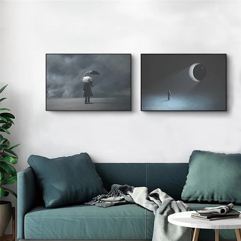 

Modern Abstract Moon Clouds Canvas Art Painting Lonely Man at Night Wall Picture Poster Print Black White Living Room Home Decor