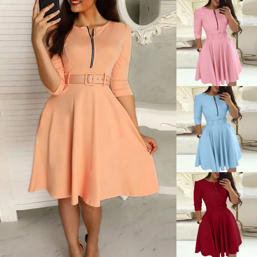 Женское платье с поясом на молнии Free Ostrich элегантное однотонное рукавом три