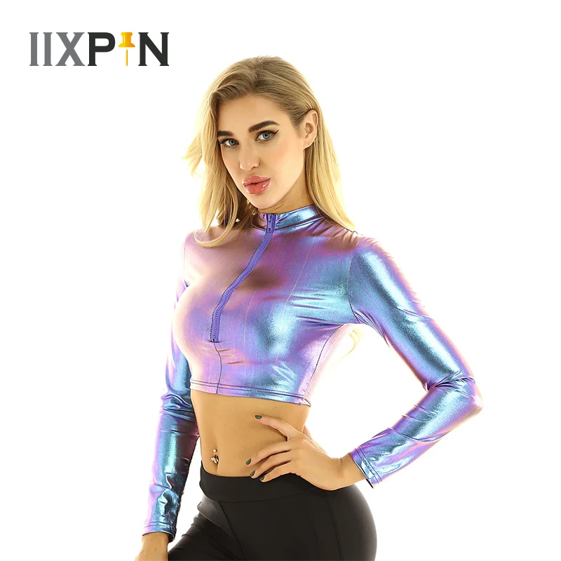 Женский танцевальный костюм в стиле хип хоп Блестящий металлический укороченный