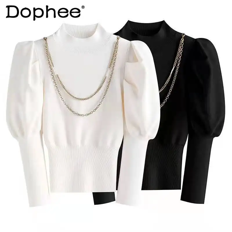 

Водолазка с пышным рукавом и длинным рукавом, черная трикотажная одежда для женщин, новинка 2021, осенне-зимние свитера, облегающий короткий т...