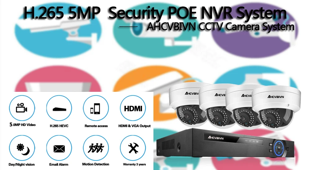 AHCVBIVN 5MP POE Комплект видеонаблюдения 4CH NVR CCTV камера системы 4 шт. мегапиксельная 5 Мп Всепогодная CCTV безопасности POE IP камера