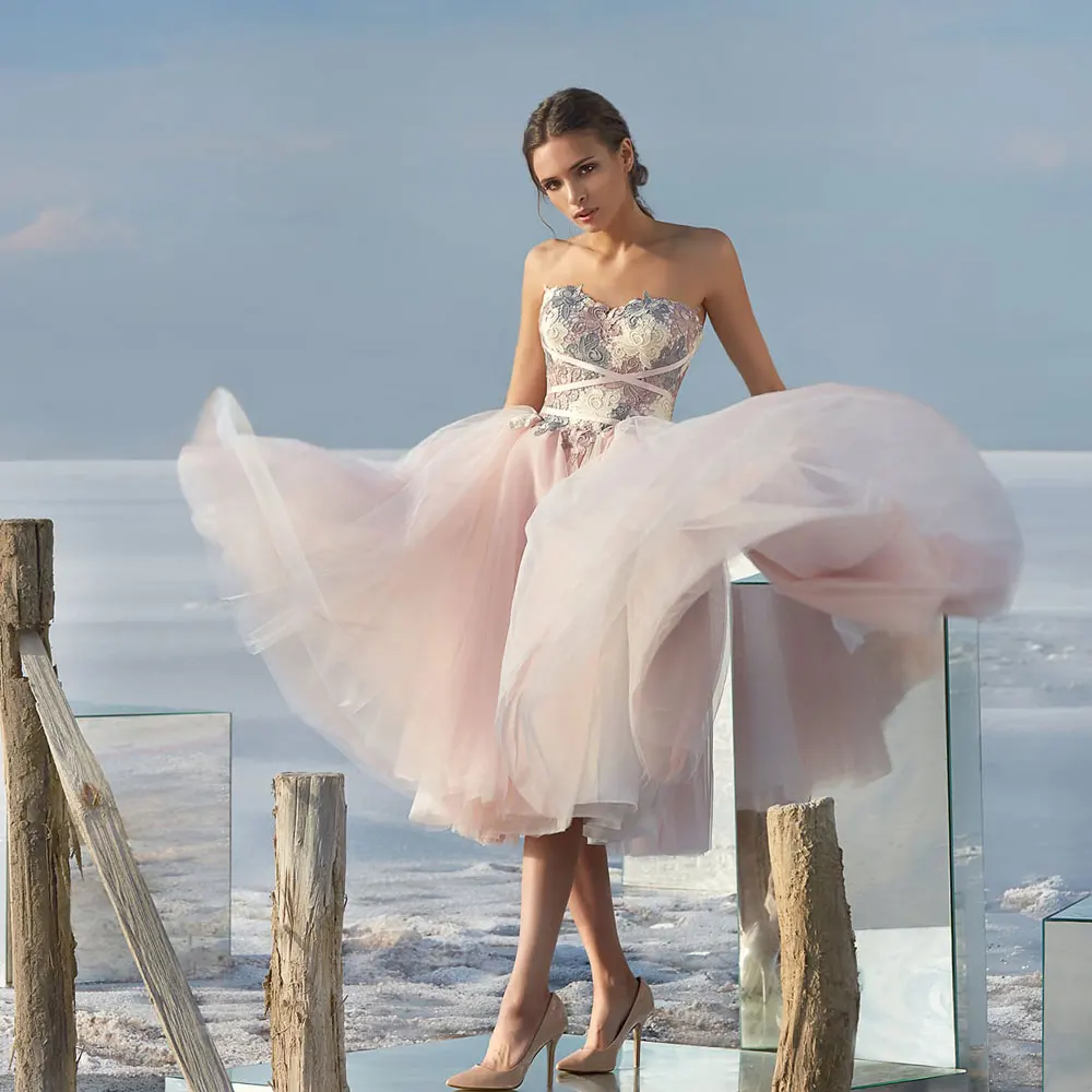 

Pink A-line Net/Tulle Sweetheart Tea length Applique Banbage Sleeveless Open back Evening Dresses high quality 2021