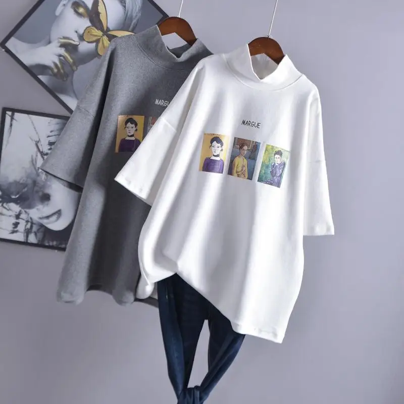 

Осень-зима 2022, новинка, свободная повседневная женская футболка с высоким воротником и коротким рукавом, футболка с начесом, бесплатная дос...