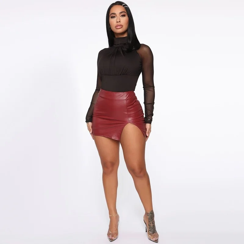 

528 Women's Sexy Black PU Leather Pencil Tight Skirt Club Costume Double Zipper High Waist Mini Skirt
