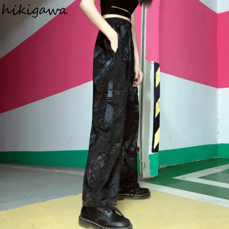 

Hikigawa 2021 Korean Cargo Ptans High Waist Casual Black Trousers Dragon Print Loose Causal Pantalon Streetwear Chic Sweatpants