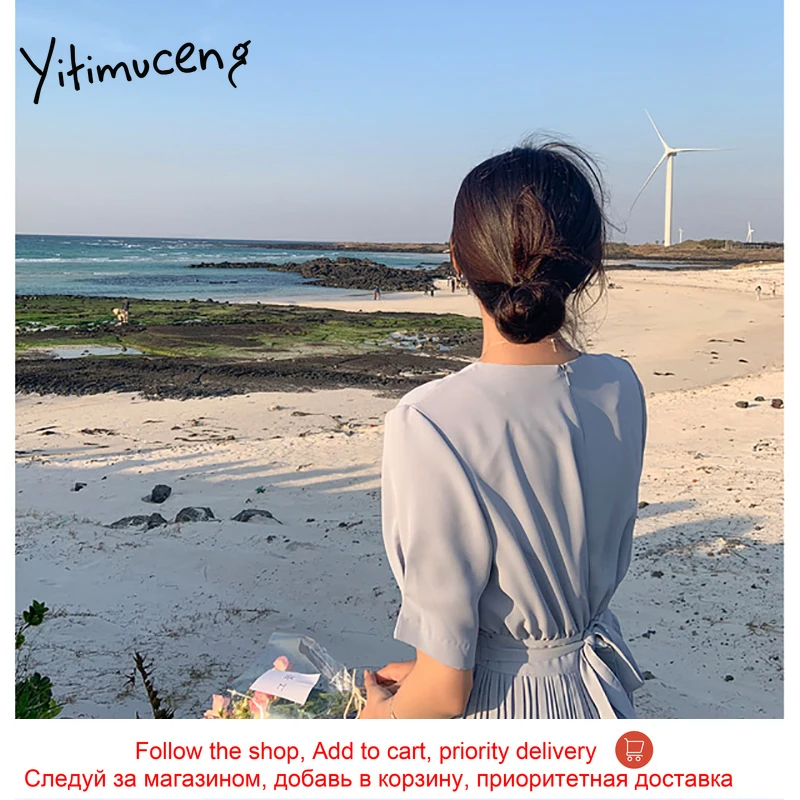 

Yitimuceng Pleated Dresses for Women High Waist Short Sleeve Blue Sundress 2021 Summer French Fashion New Elegance Midi Dress