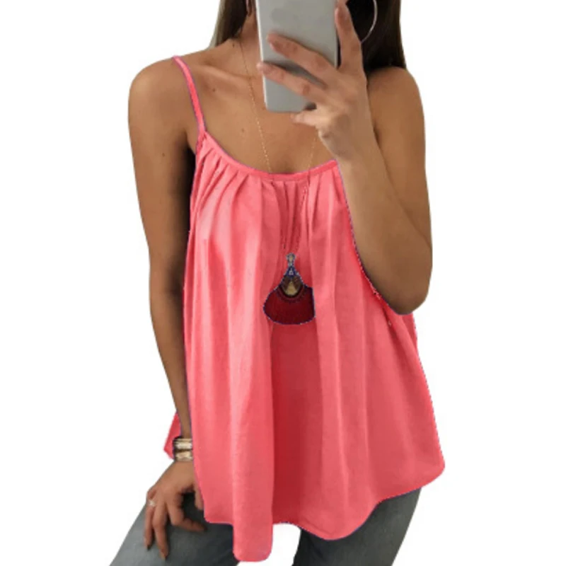 Женская плиссированная кофта свободная Однотонная футболка без рукавов с лямкой