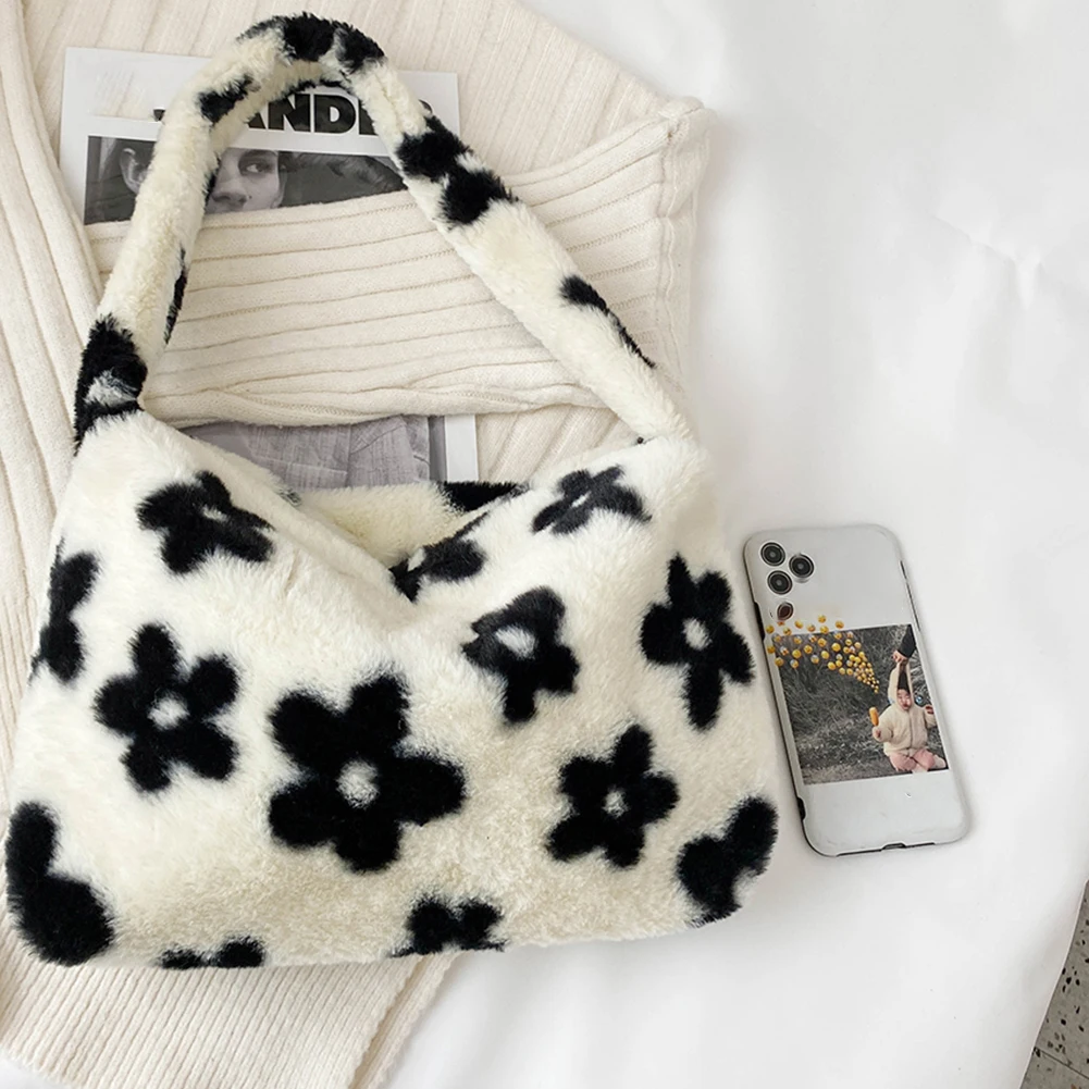 

INS Fashion Women Plush Flower Pattern Shoulder Bags Elegant Female Underarm Bags Faux Fur Handbag Furry Fluffy Tote Bags