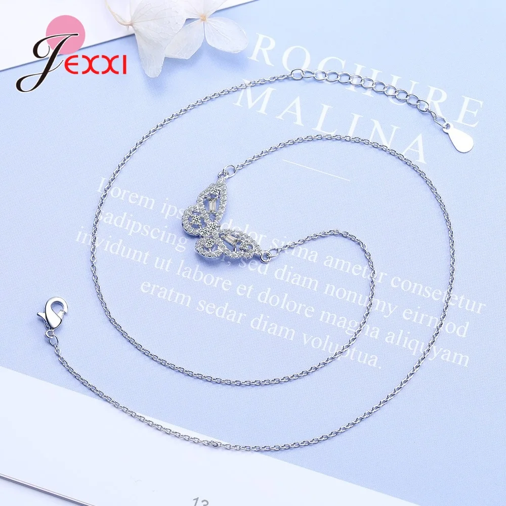 

New Fashion Women Girls Lovely Glitter Crystal Butterfly Necklaces 925 Sterling Silver Clavicle Chains For Wedding Party