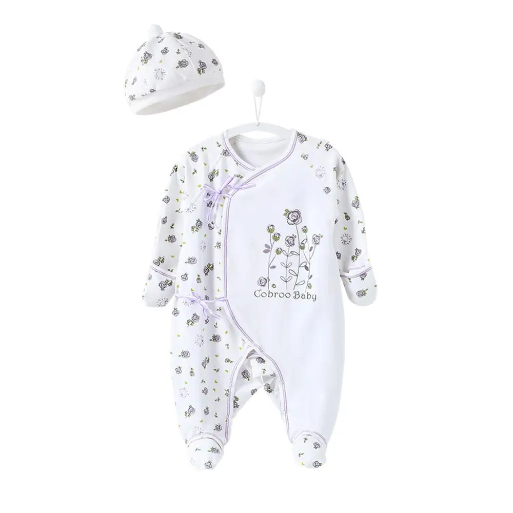 Pajamas and Hat COBROO детские футбольные пижамы с рукавицами повторяющиеся Розы Цветочные спальное место хлопок с боковым поясом Детские длинные пижамы 0-3 месяцев - Цвет: Pajamas and Hat